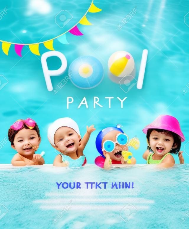Pool party invitation template card with kids enjoying in swimming pool.