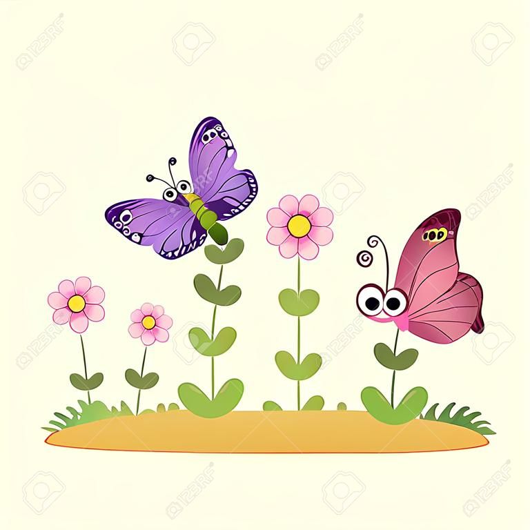 Illustrazione vettoriale delle simpatiche farfalle che volano sopra il giardino di fiori.