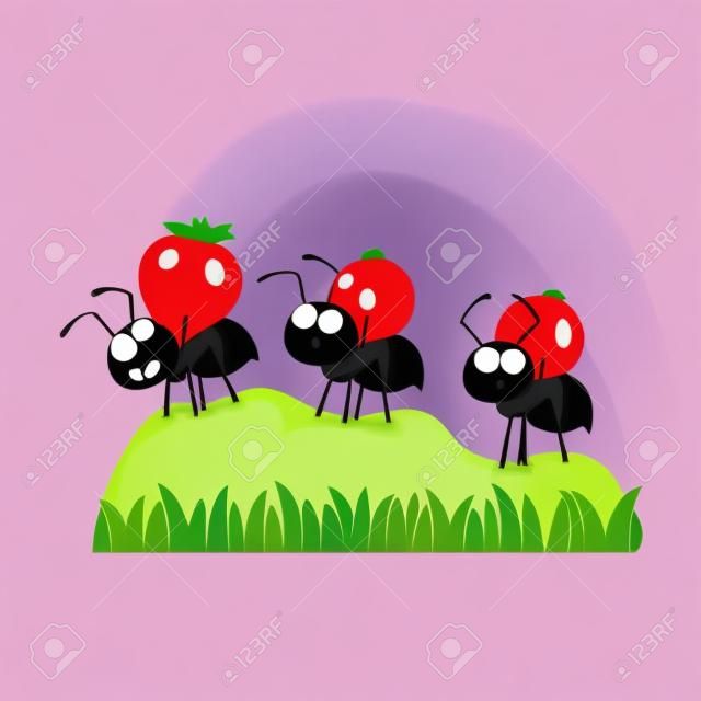 Ilustracja wektorowa kolonii kreskówek mrówek niosących jagody i chodzących po kupie ziemi do gniazda.