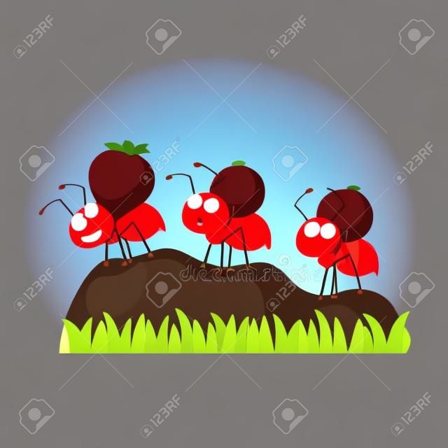 Ilustración vectorial de una colonia de dibujos animados de hormigas que llevan bayas y caminan sobre el montón de tierra hasta el nido.
