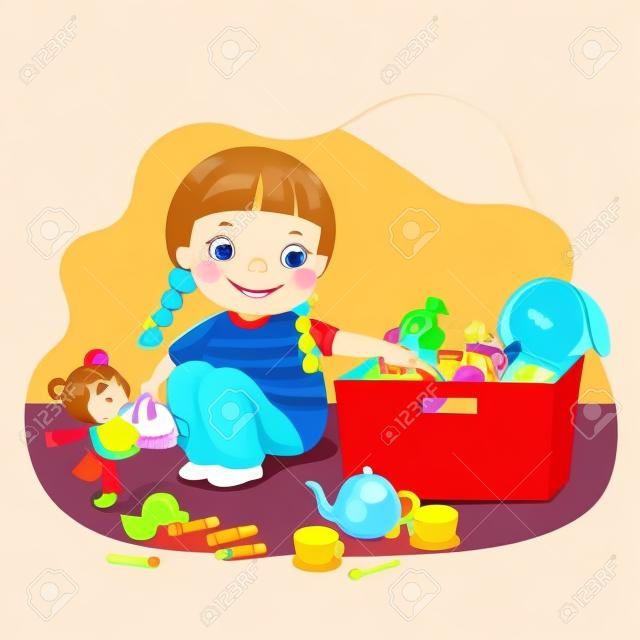 Vector illustration cartoon of a little girl putting her toys into the box. Kids doing housework chores at home concept.