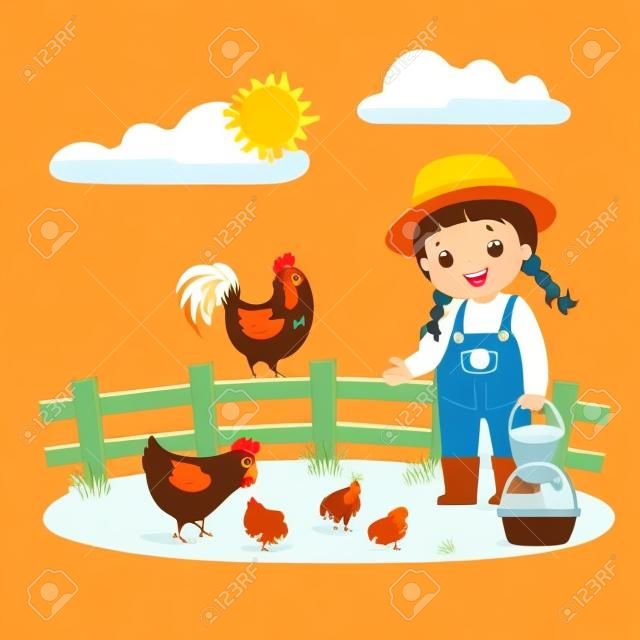 Dibujos animados de ilustración vectorial de la pequeña granjera alimentando a sus pollos.