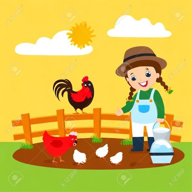 Vector illustratie cartoon van kleine meisjes boer voeden van haar kippen.