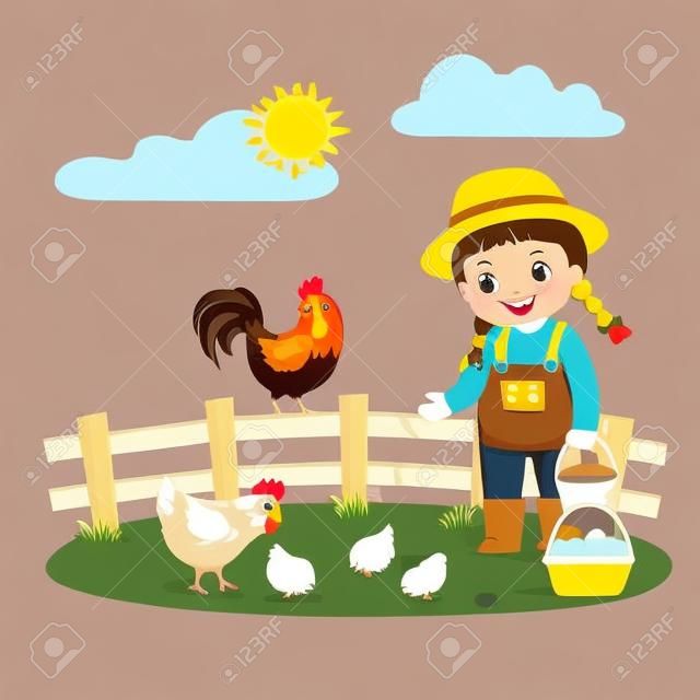 Fumetto dell'illustrazione di vettore della contadina della bambina che alimenta i suoi polli.