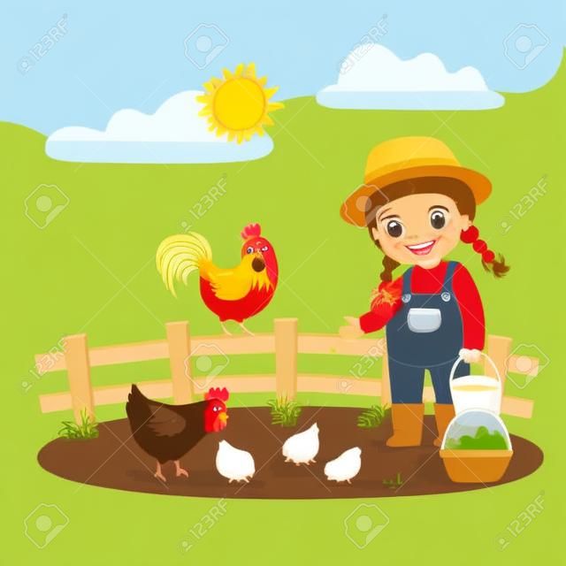 Caricature d'illustration vectorielle d'une petite agricultrice nourrissant ses poulets.