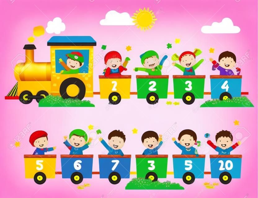 Vector illustration cartoon of happy preschool kids with the train numbers. Card for learning numbers.