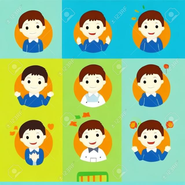 Vector cartoon set of a little boy in different postures with various emotions. Set 1 of 3.