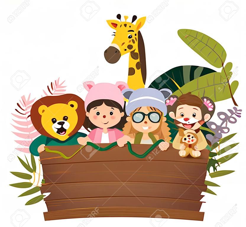 Vector illustration cartoon of kids and wild animals with empty wooden sign.