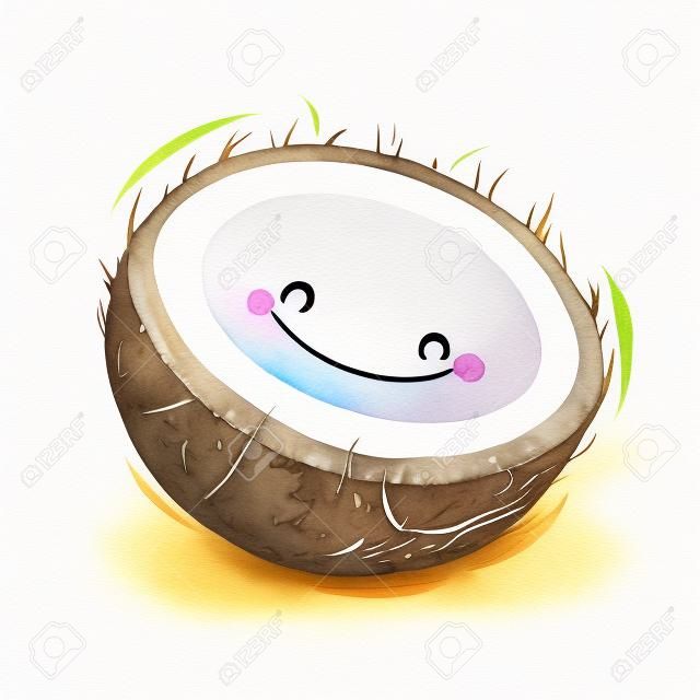 Watercolor cute coconut cartoon character.