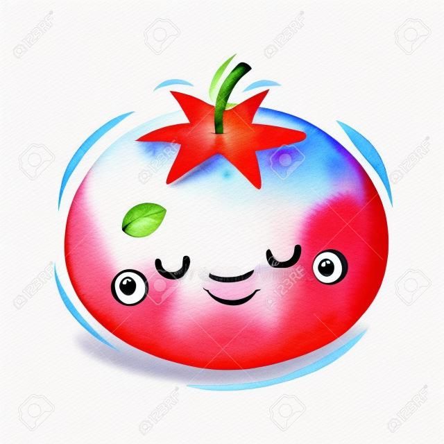 Watercolor cute tomato cartoon character. Vector illustration.