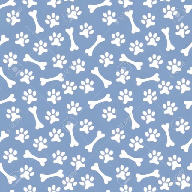 爪足​​跡和骨骼的動物無縫的矢量圖形。無休止的紋理可以用於打印到布料，網頁背景和紙張或邀請。狗的風格。白色和藍色的顏色。