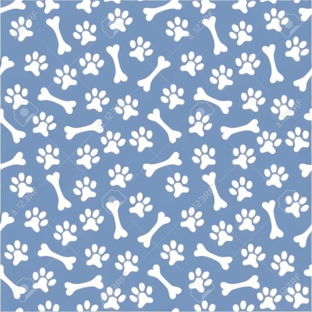 爪足​​跡和骨骼的動物無縫的矢量圖形。無休止的紋理可以用於打印到布料，網頁背景和紙張或邀請。狗的風格。白色和藍色的顏色。