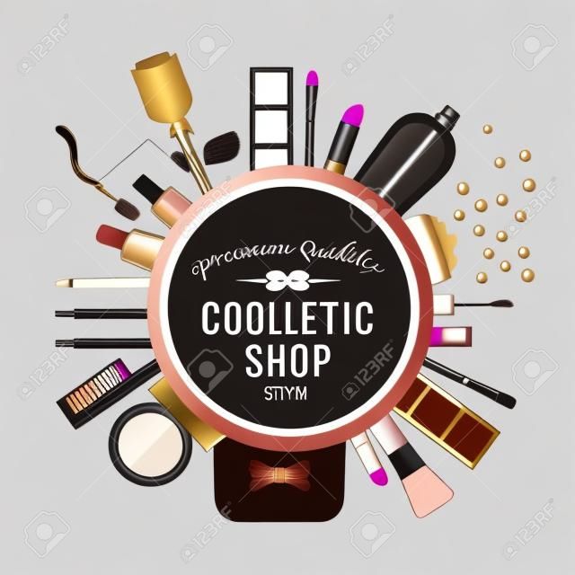 Professional quality cosmetics shop stylish logo. Accessories and cosmetics. Luxury cosmetics symbol. Organic store. Natural products. Elegant collection of treatment items. Flat vector illustration