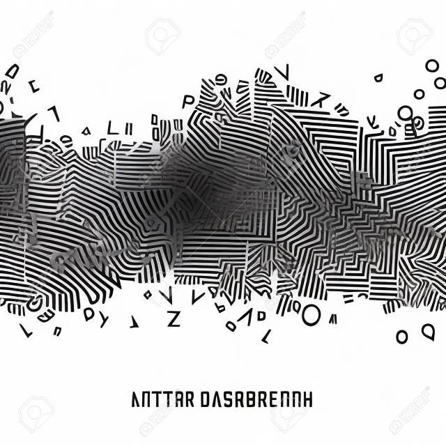Abstract black alphabet ornament border isolated on white background. Vector illustration for education writing design. Stripe of random letters fly in middle. Alphabet book concept for grammar school