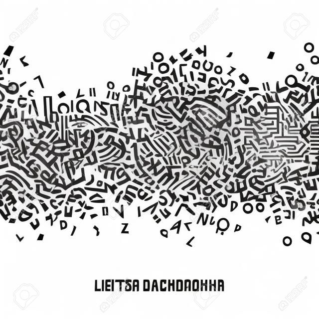 Abstract black alphabet ornament border isolated on white background. Vector illustration for education writing design. Stripe of random letters fly in middle. Alphabet book concept for grammar school