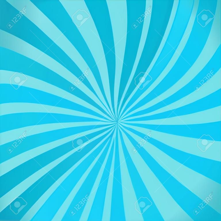 Fundo de padrão radial giratório. Ilustração vetorial para o design bonito do circo do céu. Vortex starburst espiral giro quadrado. Raios de rotação Helix. Listras escaláveis azuis convergentes. Luzes solares divertidas.