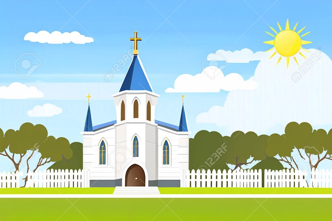 Church icon. Vector illustration for religion architecture design. Cartoon church building silhouette with cross, chapel, fence, trees. Flat summer landscape. Catholic holy traditional symbol.