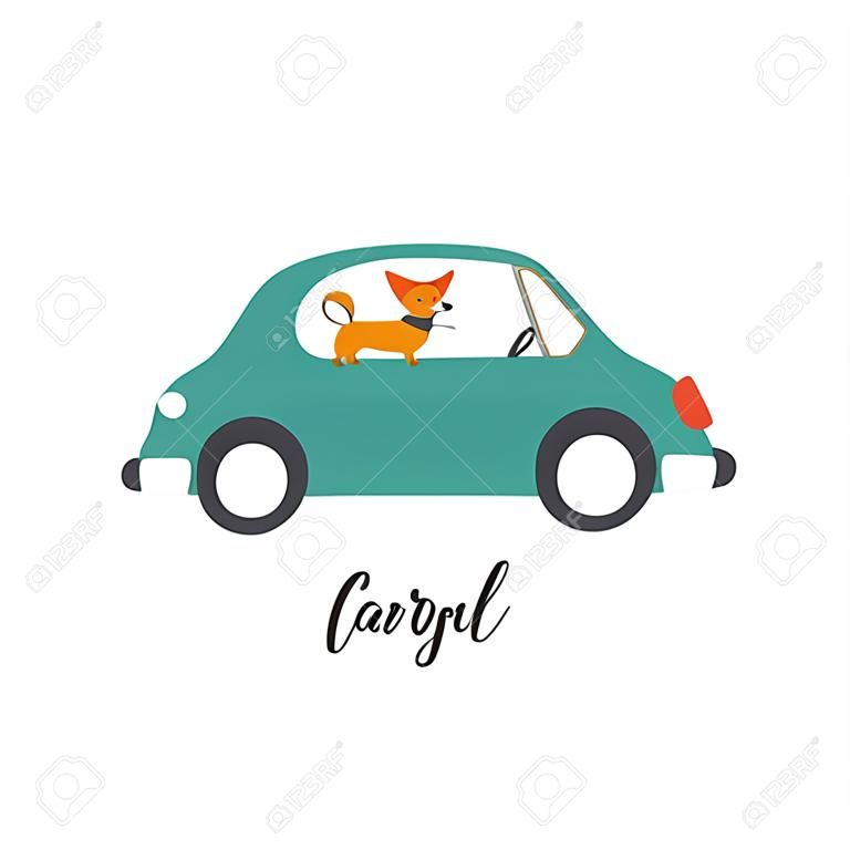Ontwerp sjabloon kaart met retro transport en leuke karakters. Een vrouw met corgi in een familie auto rijdt over de weg. Vector illustratie.