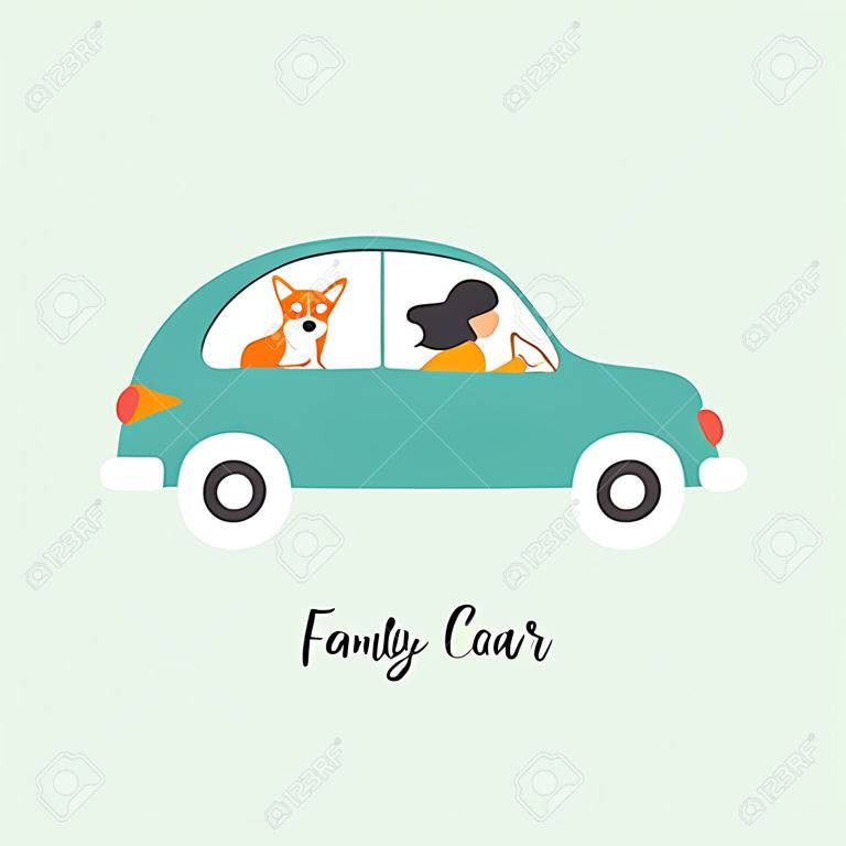 Ontwerp sjabloon kaart met retro transport en leuke karakters. Een vrouw met corgi in een familie auto rijdt over de weg. Vector illustratie.