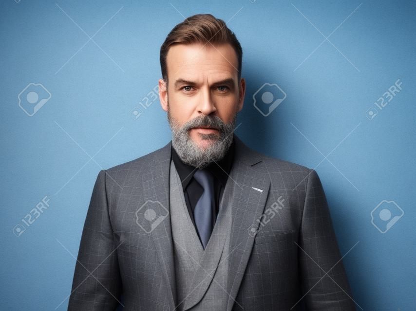 Stylish middle aged man wearing trendy suit. Gray wall on the background. Horizontal