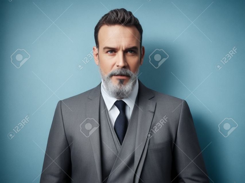 スタイリッシュな中年の男の身に着けているトレンディなスーツ。背景に灰色の壁。水平方向