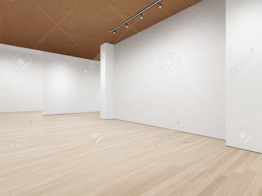 白色畫廊內部空的牆壁和木地板。