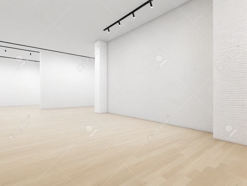 Белая галерея интерьер с пустыми стенами и деревянным полом.