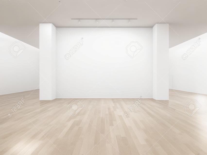 White gallery interior with empty walls and wooden floor.