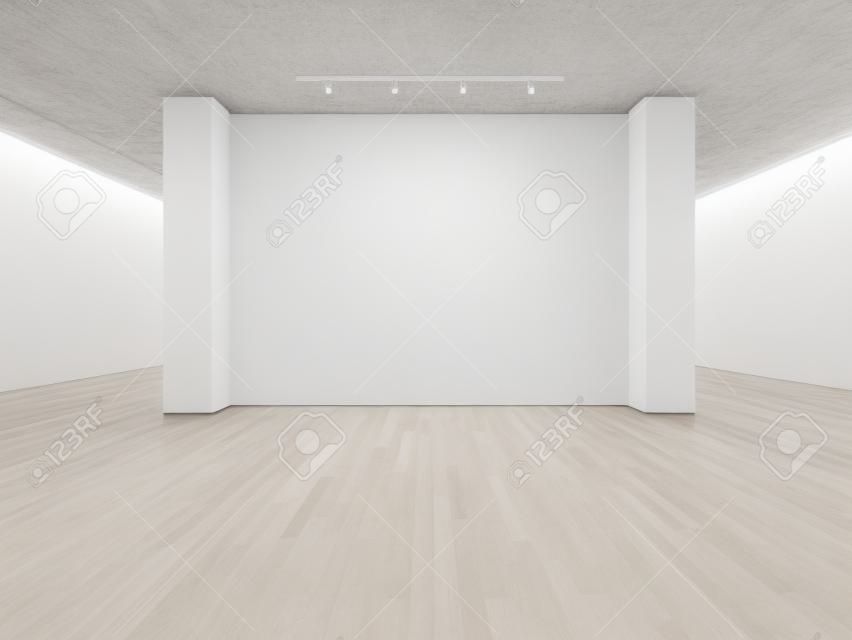 White gallery interior with empty walls and wooden floor.