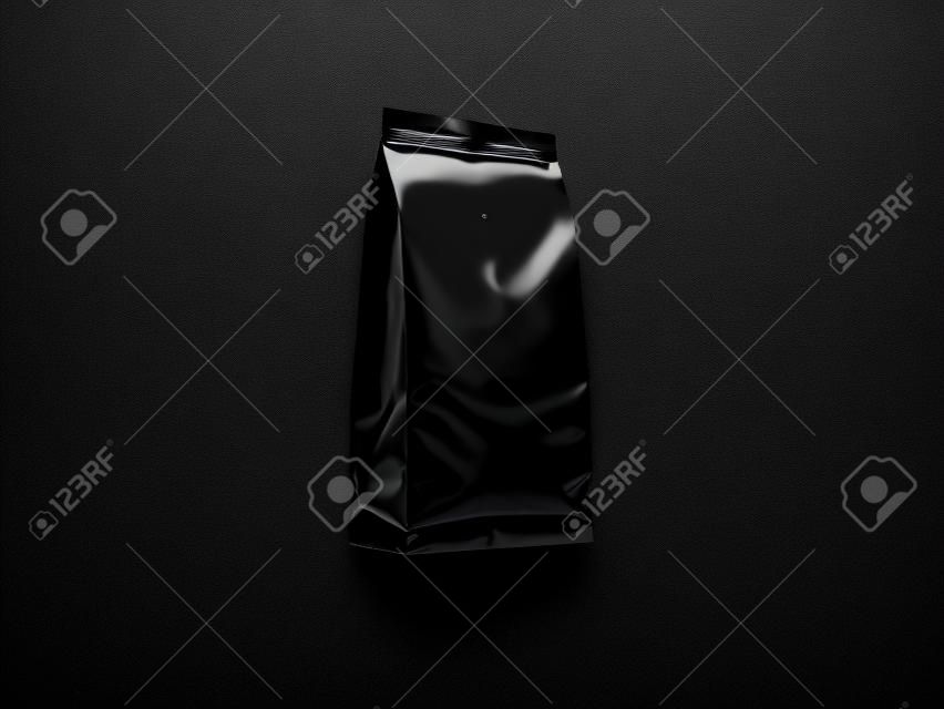 Schwarz Folienverpackung für Massenprodukte, Kaffee, Nüsse. Dunkler Hintergrund. Horizontal