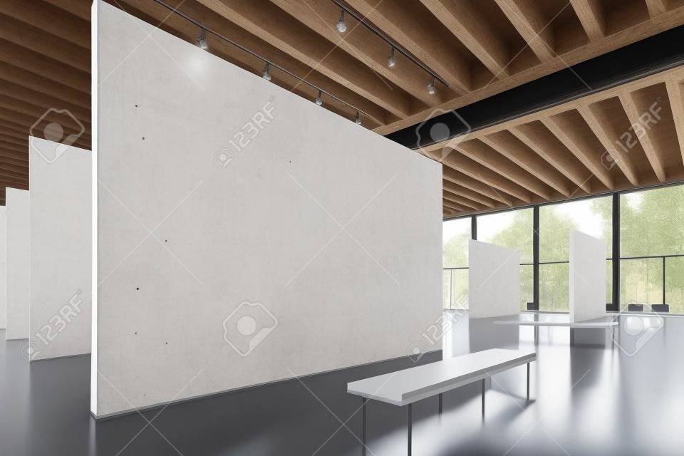 Galeria moderna da exposição da imagem, espaço aberto. Tela vazia branca do branco que pendura o museu de arte contemporânea. Estilo interior do loft com assoalho de concreto, pontos claros e mobília genérica do projeto.