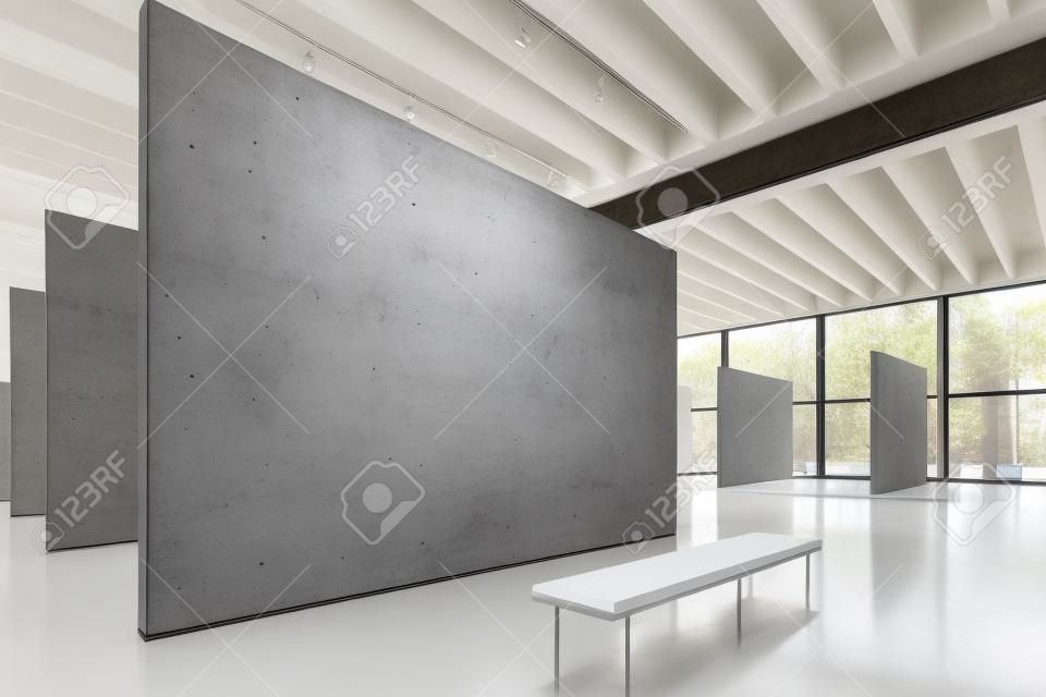 Galeria moderna da exposição da imagem, espaço aberto. Tela vazia branca do branco que pendura o museu de arte contemporânea. Estilo interior do loft com assoalho de concreto, pontos claros e mobília genérica do projeto.