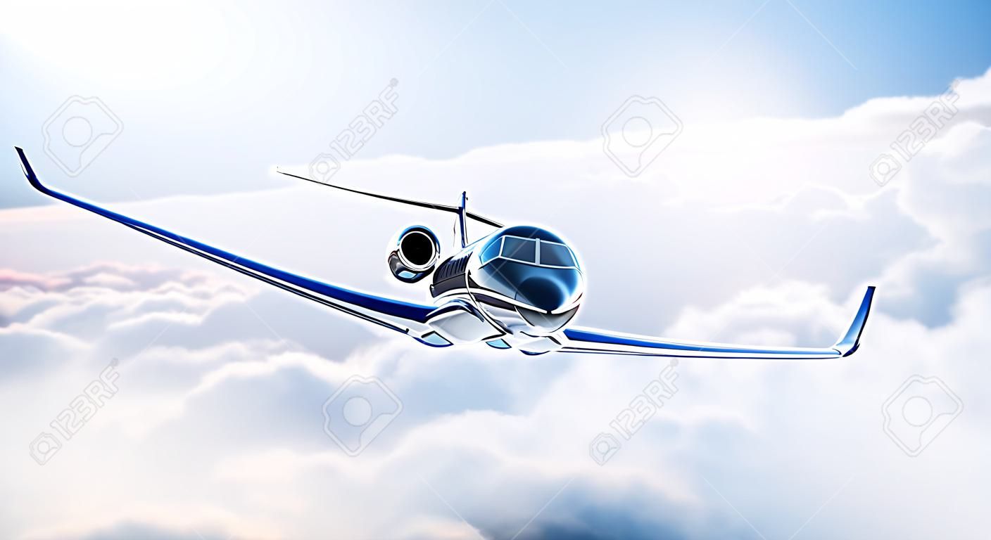 Image of black luxury generic design private jet flying in blue sky at sunset. Huge white clouds background. Business travel picture. Horizontal .