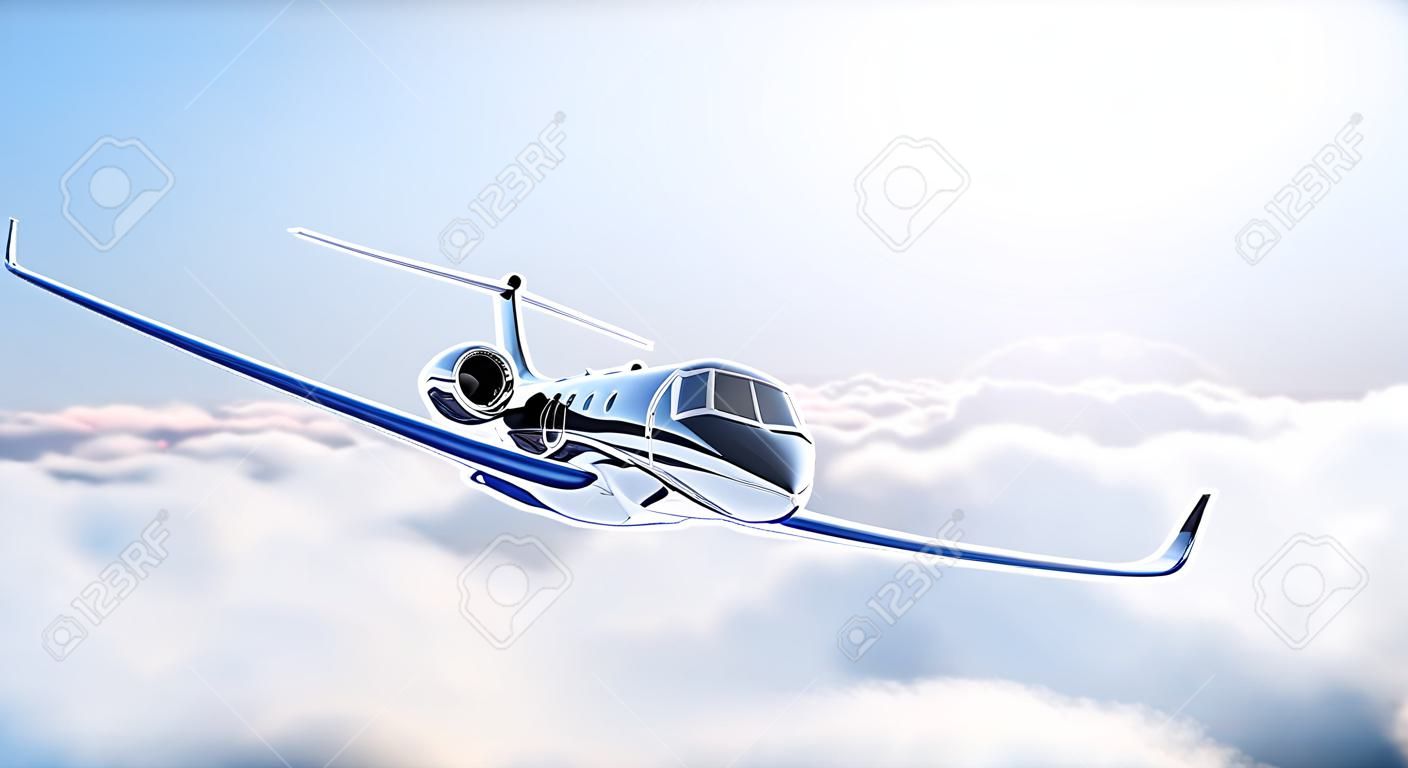 siyah lüks jenerik tasarımı, özel jet Görüntü batımında mavi gökyüzünde uçan. Büyük beyaz bulutlar arka plan. İş seyahati resim. Yatay.