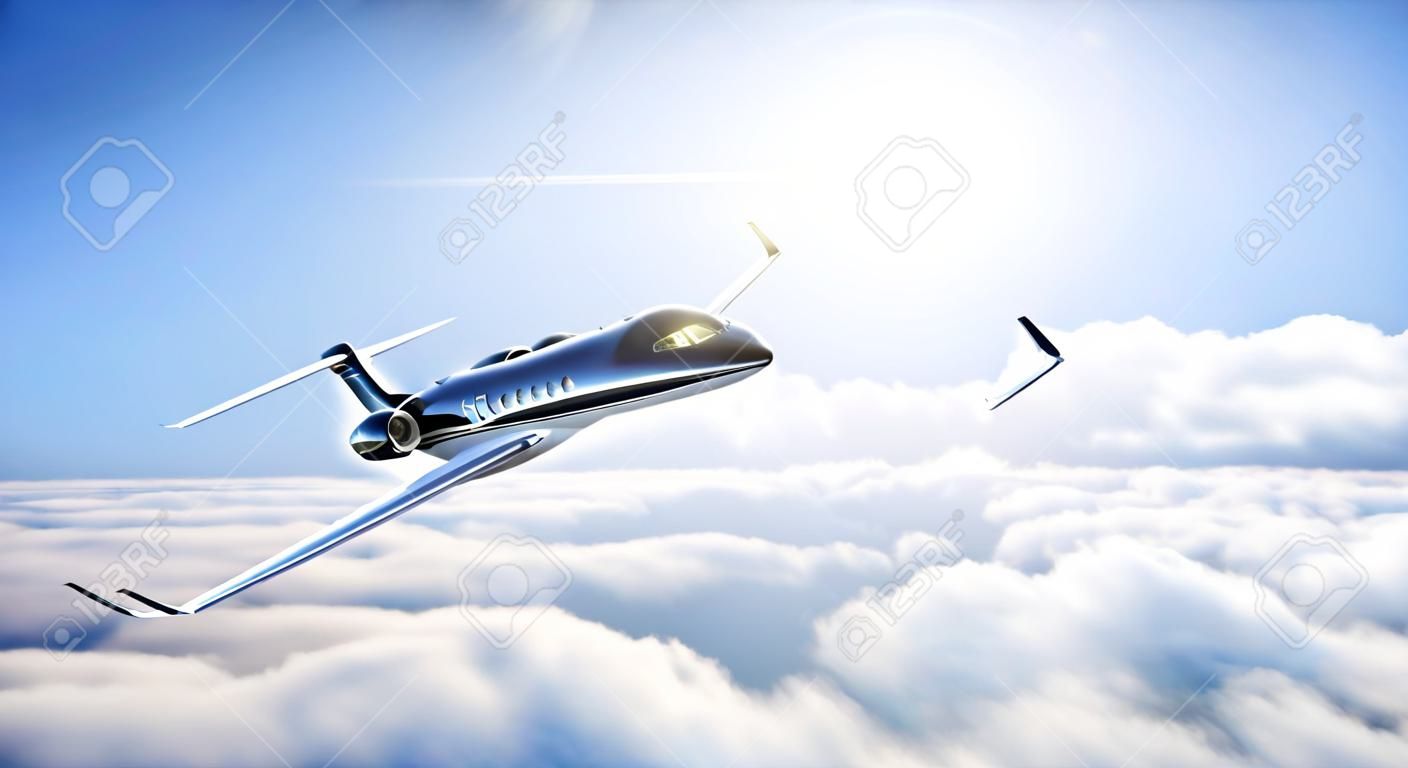 Concept of black luxury generic design private jet flying in blue sky at sunset. Huge white clouds background. Business travel photo. Horizontal , angle view.
