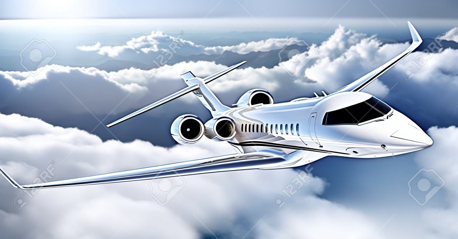 Realistic image of White Luxury generic design private jet flying over the earth. Empty blue sky with white clouds at background. Business Travel Concept. Horizontal.