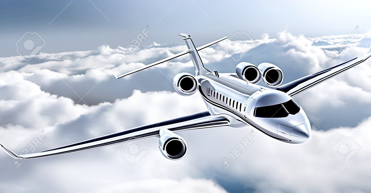 Image réaliste d'un jet privé de conception générique de luxe blanc volant sur la terre. Ciel bleu vide avec des nuages ??blancs à l'arrière-plan. Business Travel Concept. Horizontal.