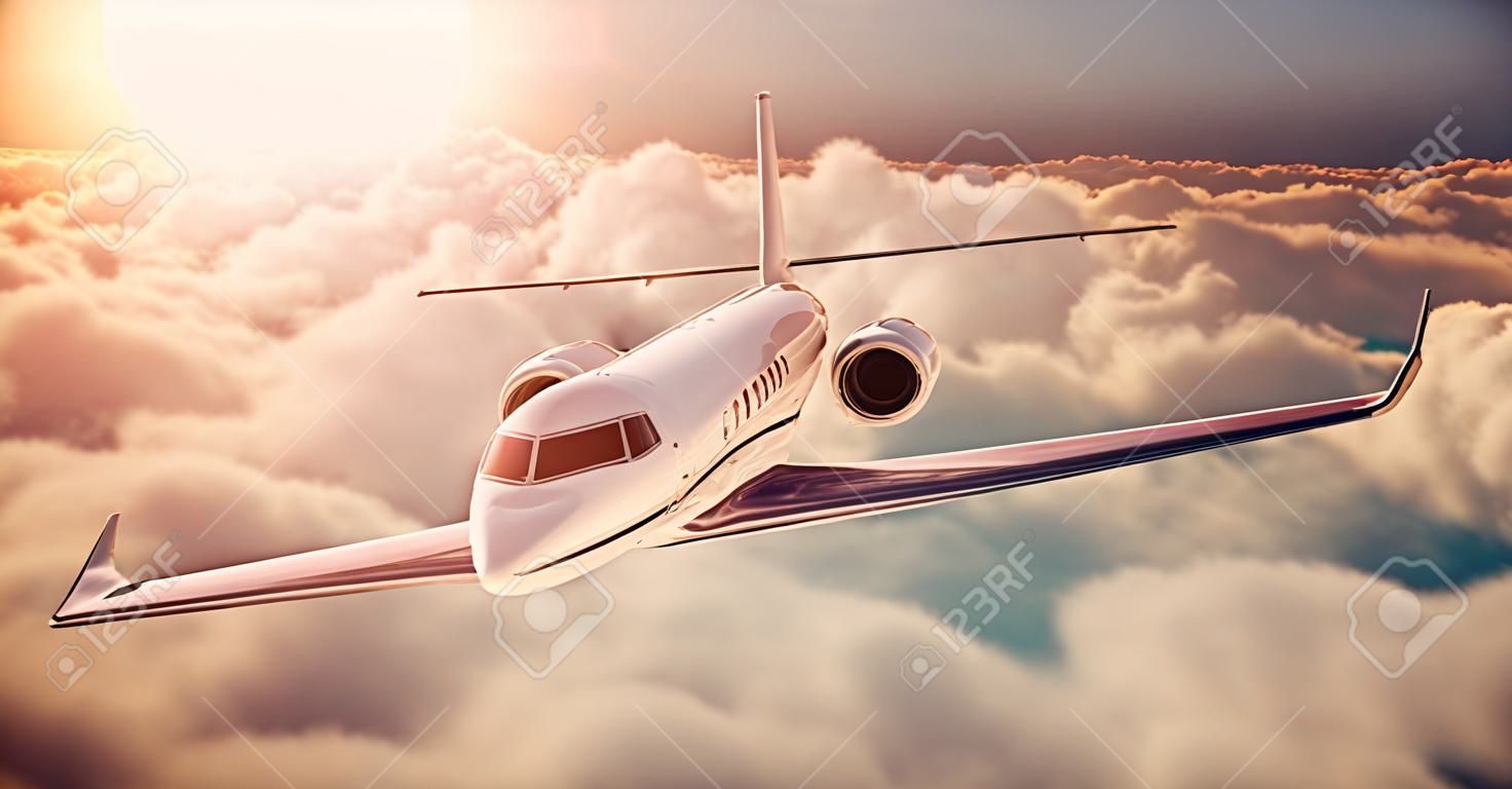 Realistisch beeld van White Luxury generic design privé vliegtuig vliegen over de aarde bij zonsondergang. Lege blauwe lucht met enorme witte wolken achtergrond. Business Travel Concept. Horizontaal.