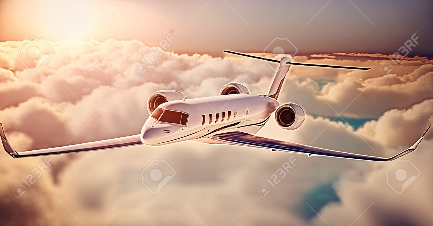 Realistisch beeld van White Luxury generic design privé vliegtuig vliegen over de aarde bij zonsondergang. Lege blauwe lucht met enorme witte wolken achtergrond. Business Travel Concept. Horizontaal.