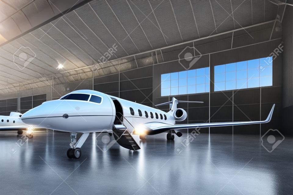 Photo of Black Matte Luxury Generic Design Private Jet parking in hangar airport. Concrete floor. Business Travel Picture. Horizontal, front angle view. Film Effect. 3D rendering