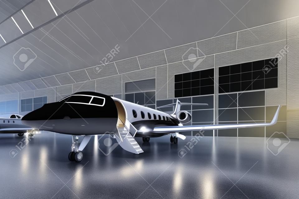 Foto de aparcamiento Genérico Diseño Jet privado Negro Mate de lujo en el aeropuerto de hangar. Piso de concreto. Imagen negocio viaje. , Ángulo de visión frente horizontal. Efecto película. Representación 3D