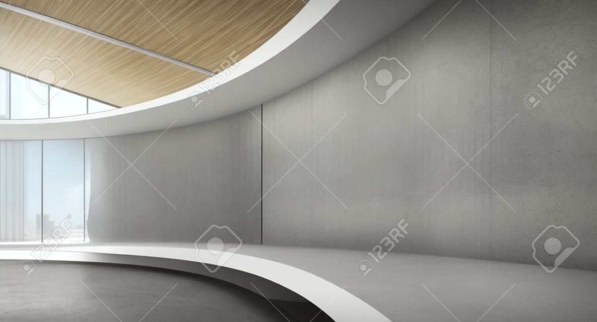 コンクリートの壁に自然光と床に反射を持つ現代的で未来的な空のインテリア。インテリアデザインと建築のコンセプト。3D レンダリング