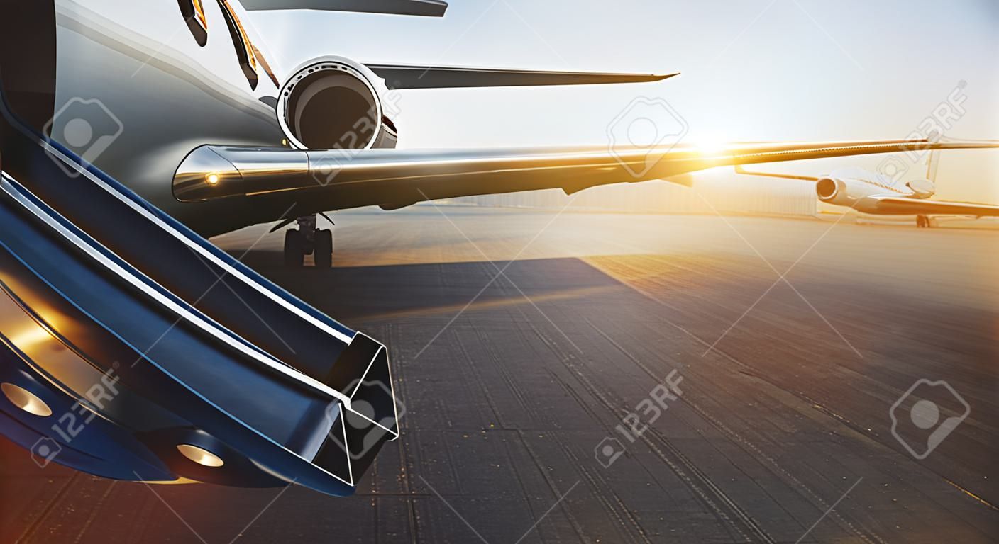 Closeup view of business jet airplane parked at outside and waiting vip persons. Luxury tourism and business travel transportation concept. Flares. 3d rendering.