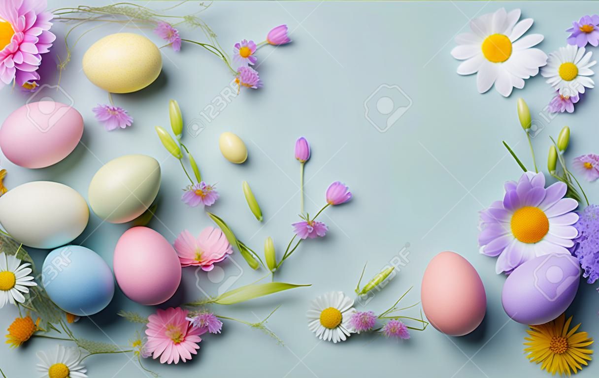 Fröhlicher Osterhintergrund mit Blumen und Eiern, gesäumt von einem Rahmen für Text in Pastellfarben mit viel Freiraum auf einem hellblauen Hintergrund