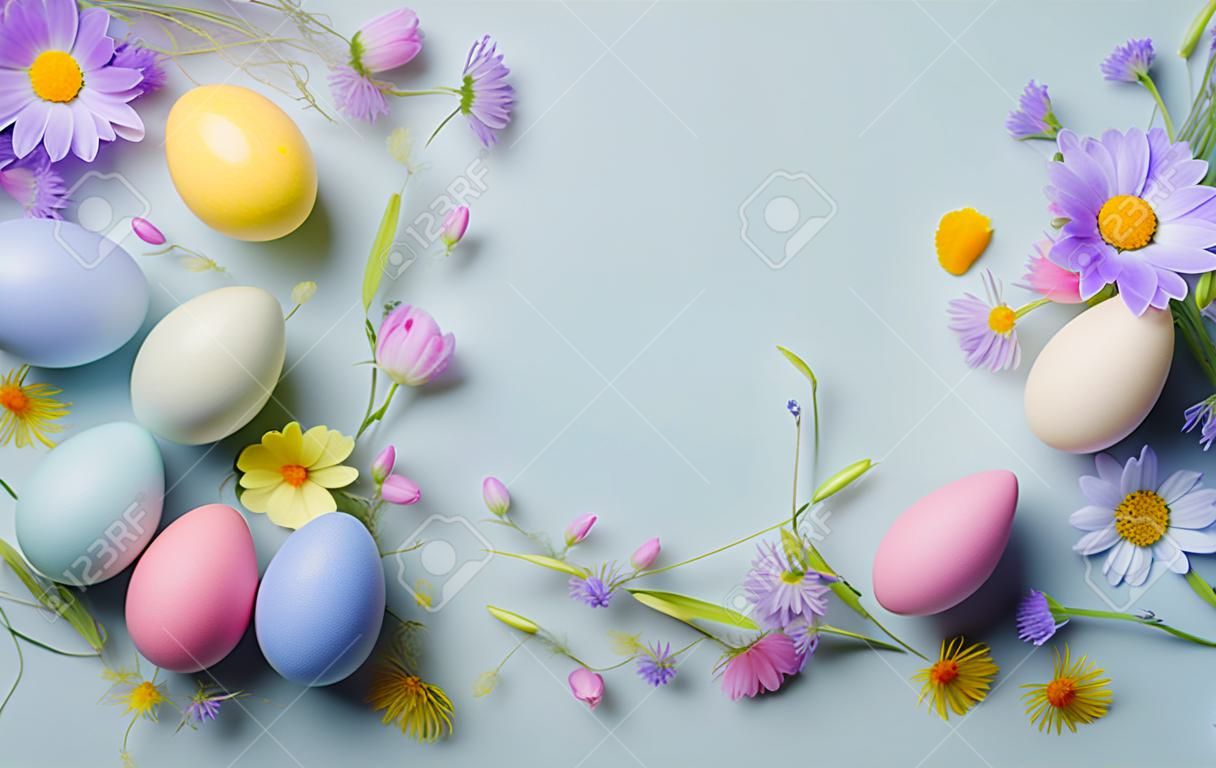Fröhlicher Osterhintergrund mit Blumen und Eiern, gesäumt von einem Rahmen für Text in Pastellfarben mit viel Freiraum auf einem hellblauen Hintergrund