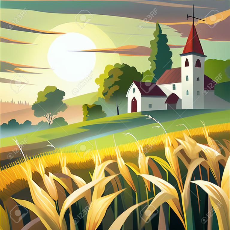 Cornfield landscape Vector illustration cartoon landscape with tall corn stems on a sunny day