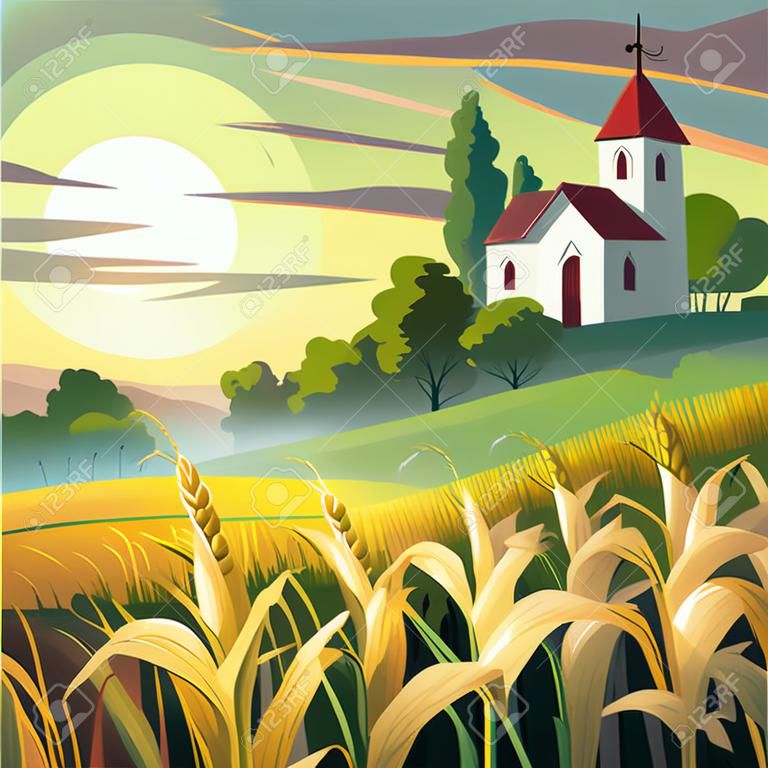 Paesaggio del campo di mais illustrazione vettoriale paesaggio dei cartoni animati con steli di mais alti in una giornata di sole