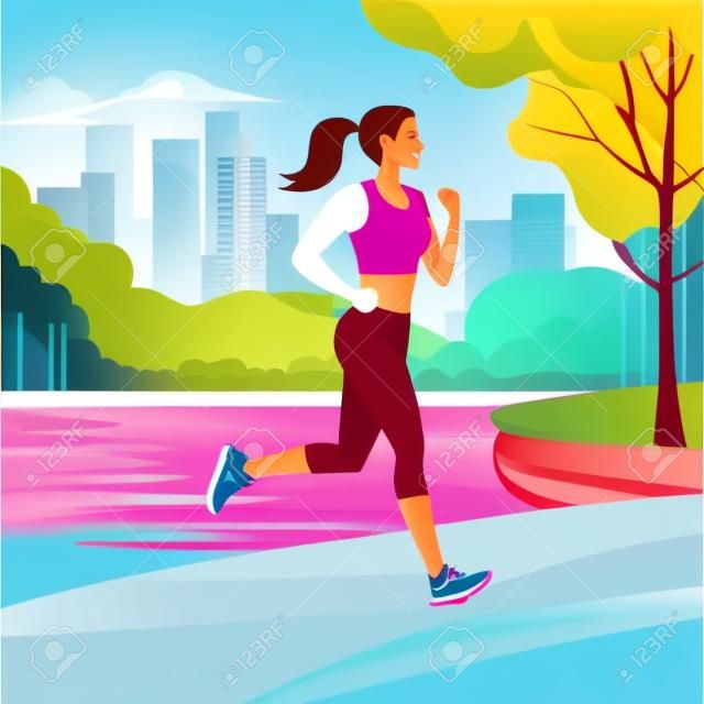 Young woman jogging. Active healthy lifestyle concept, running, city competition, marathons, cardio workout, outdoor exercise. Vector illustrations for flyer, leaflet, advertising banner