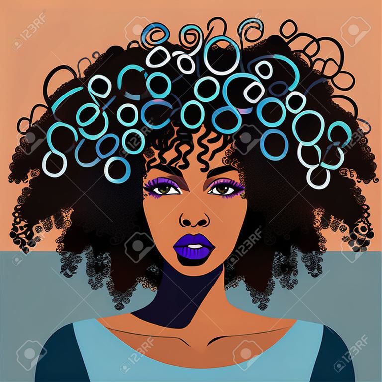 Black Afro African American girl woman lady vector illustration portrait head face curly natural waves hair puff hairstyle drawing illustration. Laser plotter cutting. Logo Beauty salon. print