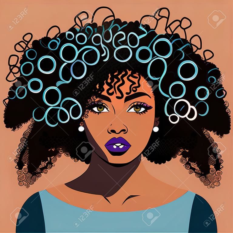 Black Afro African American girl woman lady vector illustration portrait head face curly natural waves hair puff hairstyle drawing illustration. Laser plotter cutting. Logo Beauty salon. print